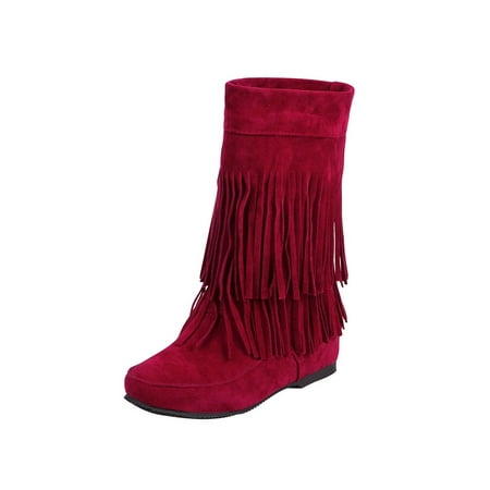 

Rockomi Ladies Fringe Boot Tassel Fashion Booties Pull On Ankle Boots Women Breathable Lightweight Winter Shoes Non-slip Mid Calf Short Bootie Red 8