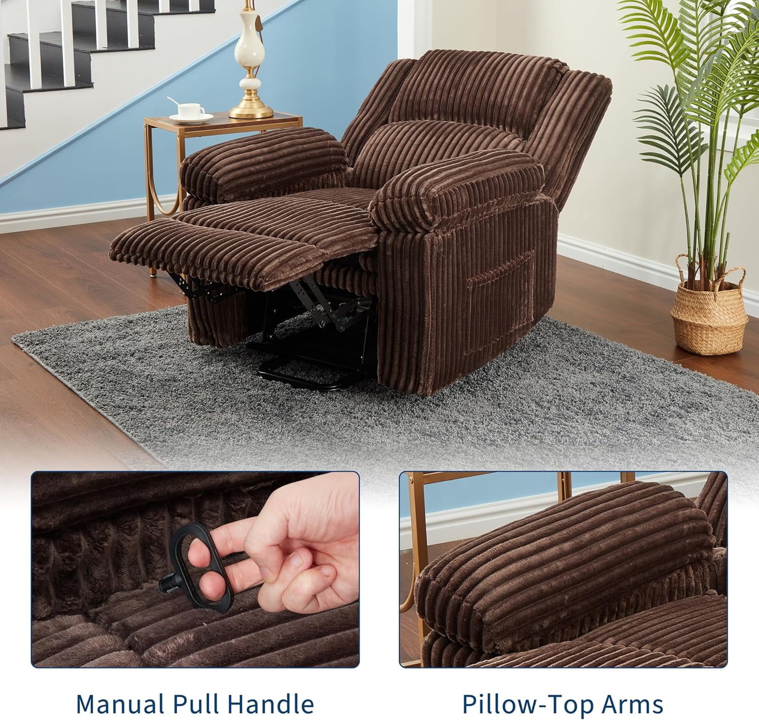 Corduroy Recliner Chair, Manual Recliner Sofa with Handle, Pillow Top Arms, Thick Padding, Side Pocket, 330Lbs Capacity, Adjustable Recliner for Living Room, Bedroom, Home Theater, Brown