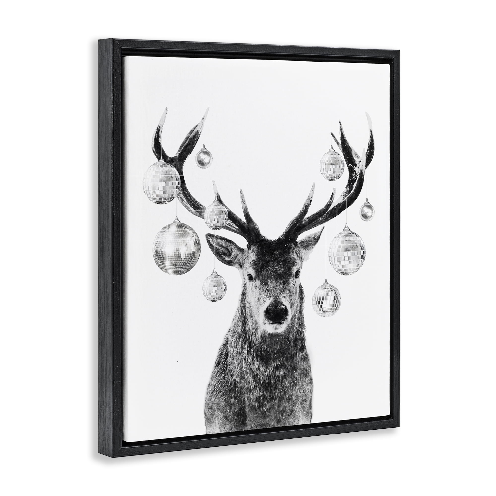 Stupell Industries Deer with Disco Balls Animals & Insects Painting Black Floater Framed Canvas Art Print Wall Art, 25 x 31