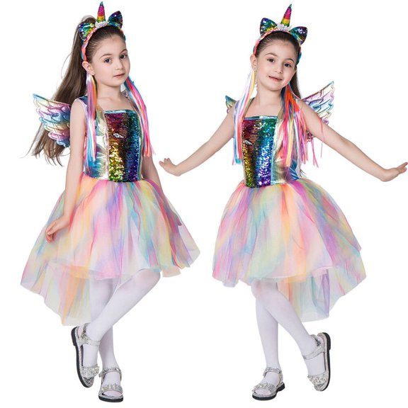 Girls Sequins Unicorn Costume Dress Halloween Fancy-Dress with Wing Set