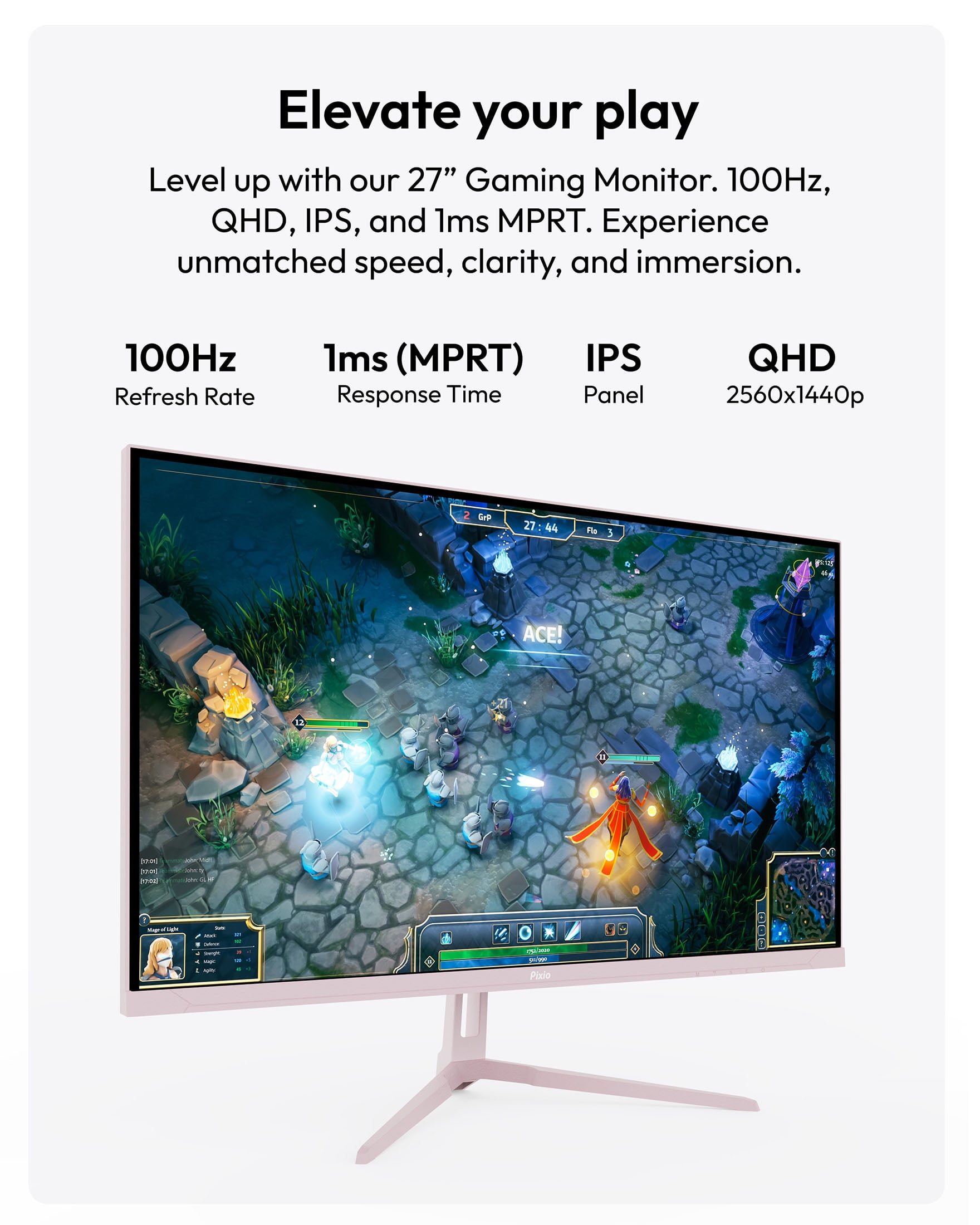Pixio PX275 Wave Pink 27 inch 100Hz Refresh Rate QHD 1440p Resolution IPS Panel 1ms MPRT Response Time Gaming Monitor with Adaptive Sync
