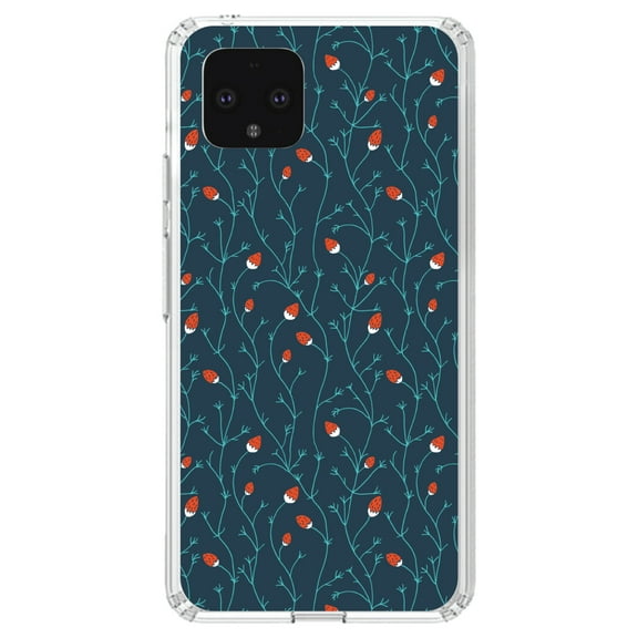 DistinctInk Clear Shockproof Hybrid Case for Google Pixel 4 (5.7" Screen) - TPU Bumper, Acrylic Back, Tempered Glass Screen Protector - Modern Floral - Strawberry Vine - Teal Navy