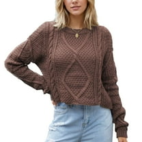 SWSMCLT Women's Long Sleeve Crop Sweater Solid Short Winter Knitwear Cable Knit Pullover Sweaters Soft Fashion Crewneck Warm Red1 Small