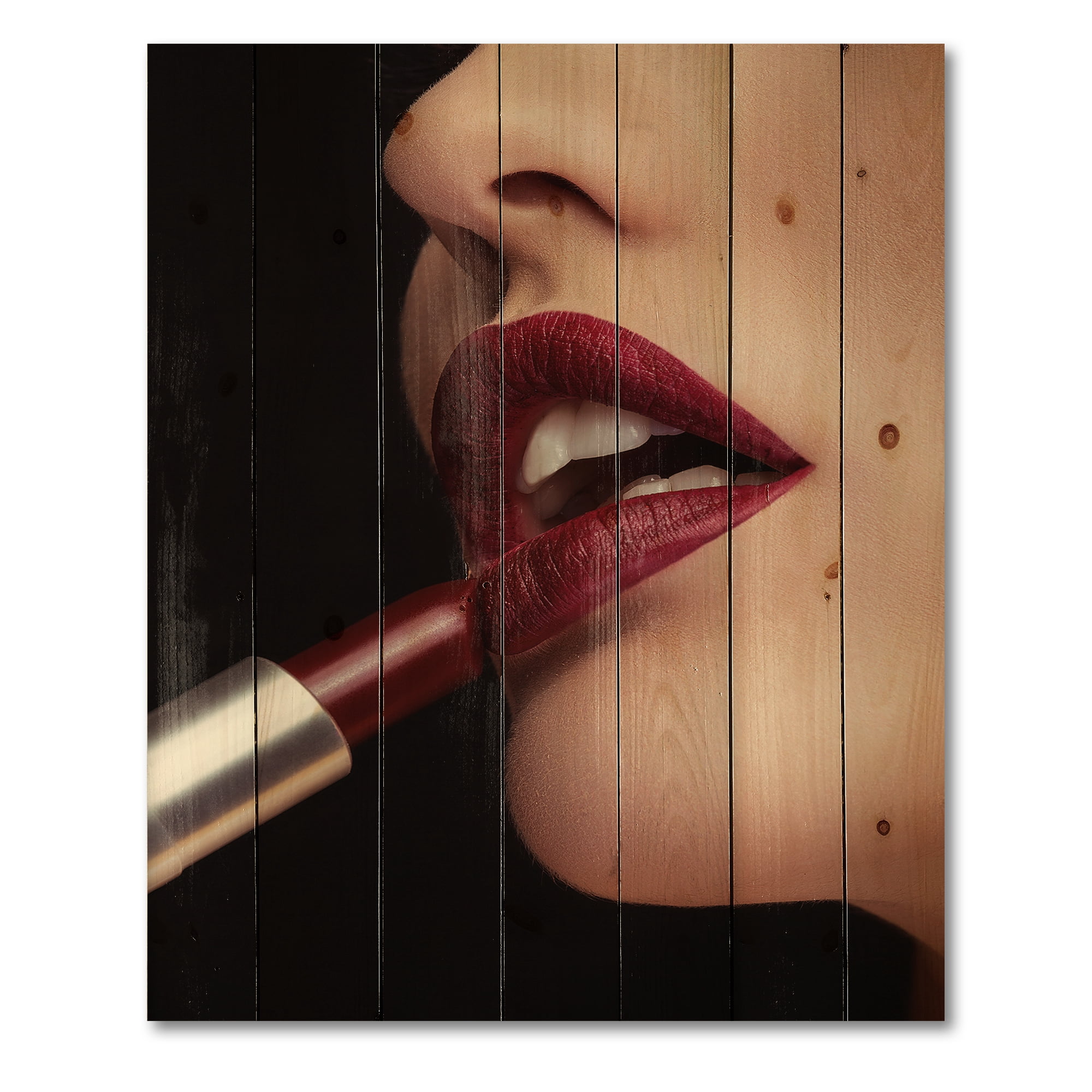 Designart 'Woman Applying Red Lipstick On Lips I' Modern Print on Natural Pine Wood