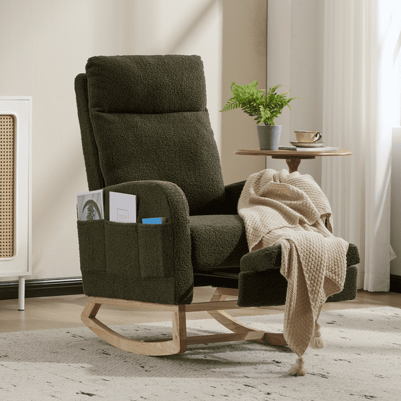 Modern Accent Rocking Chair Rocking Chair with Solid Wood Legs, Upholstered Nursery Glider Rocker, Comfy Armchair with Side Pocket, Living Room Lounge Arm Chair with High Backrest