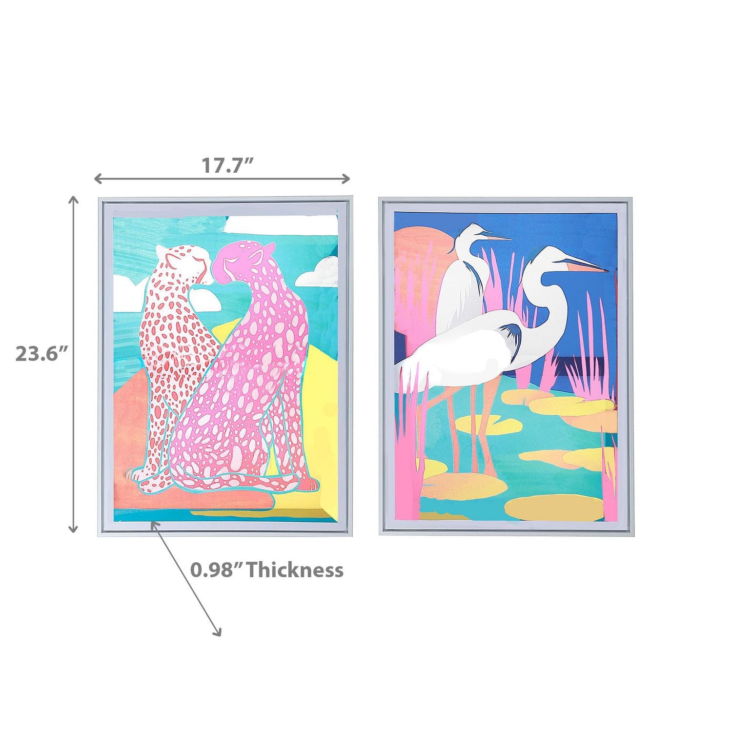 Framed Canvas Wall Art Crane & Leopard - Set of 2