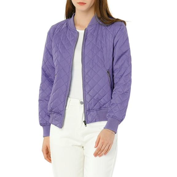Allegra K Women's Stand Collar Zip Up Raglan Sleeves Bomber Quilted Jacket