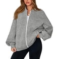 thumbnail image 2 of Women's Zip Up Sweatshirts No Hood Long Sleeve Solid Sweatshirts Casual Spring Fall Lightweight Oversized Bomber Jackets, 3XL, 2 of 7