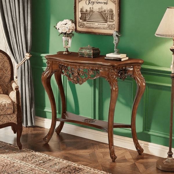 38-Inch Vintage Carved Console Table, 2-Tier Distressed Brown Entryway Table with Hollow Floral Motifs, Victorian Style for Living Room & Hallway