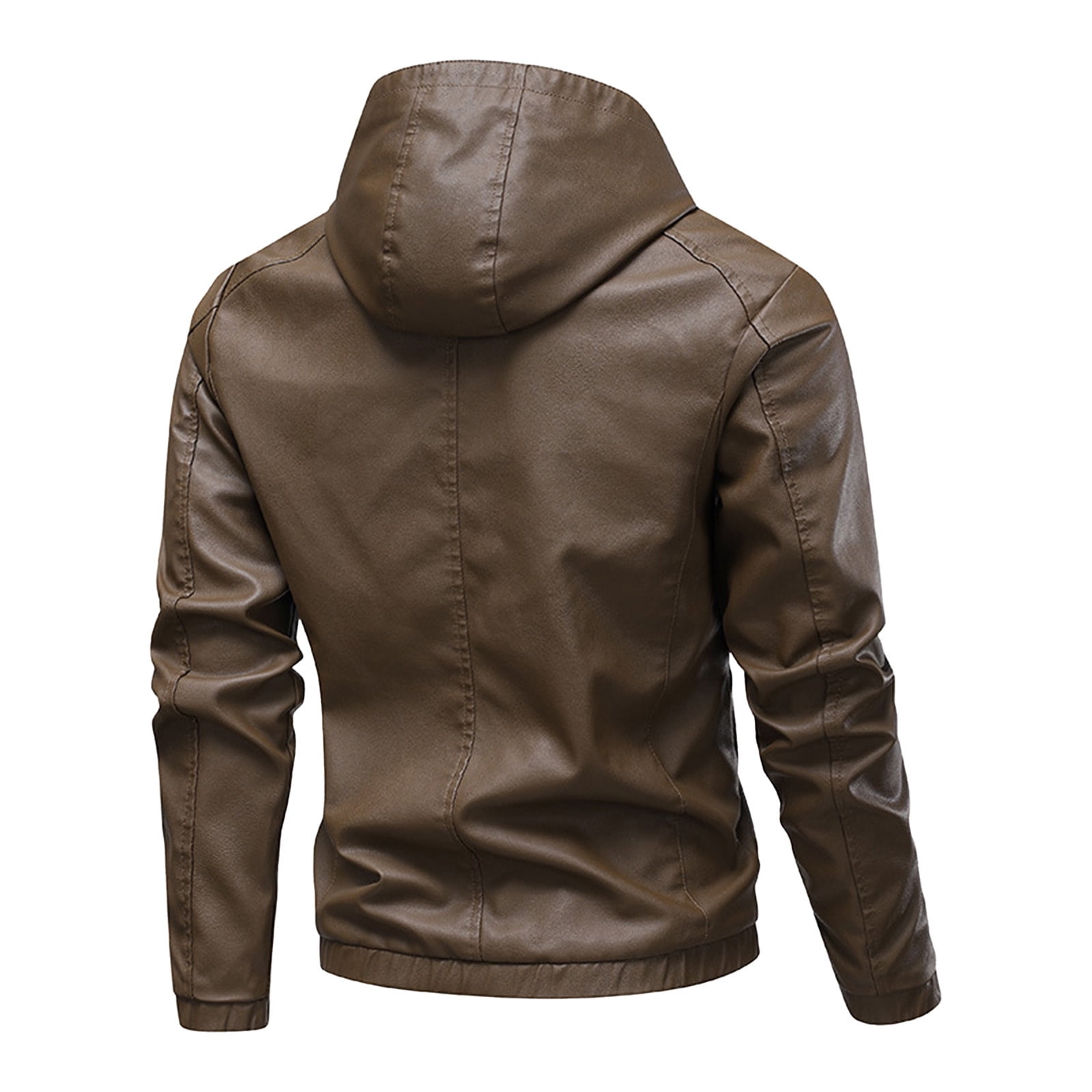 HOOMEUMY Men's Hooded Leather Jacket Long Sleeve Full Zip Leather Jackets Casual Full Zip Motorcycle jacket (Coffee,XS）
