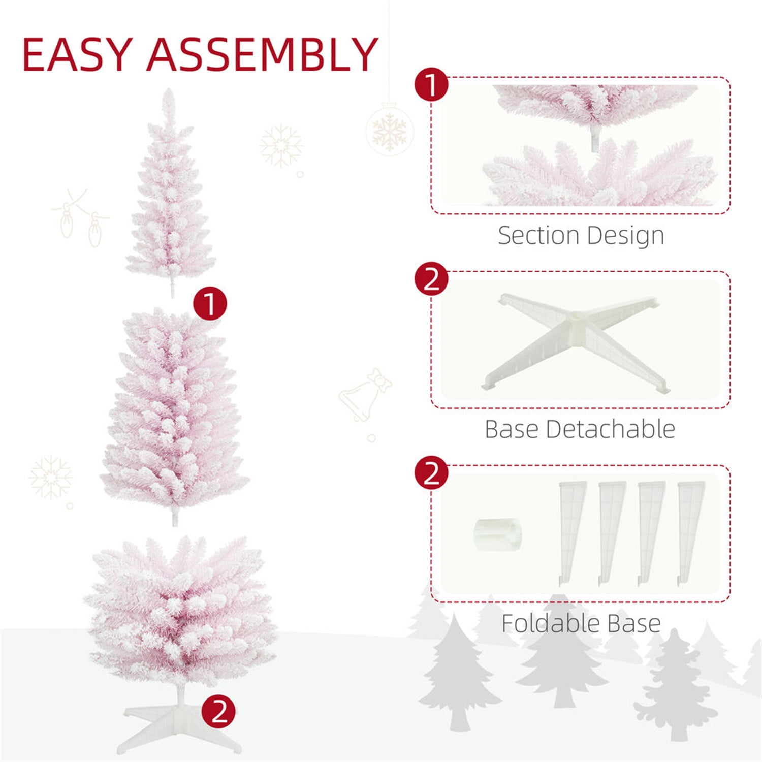 Hommoo Decorations,7' Snow Flocked Artificial Pencil Christmas Tree, Slim Xmas Tree with Realistic Branches and Plastic Base Stand for Indoor Decoration,Pink