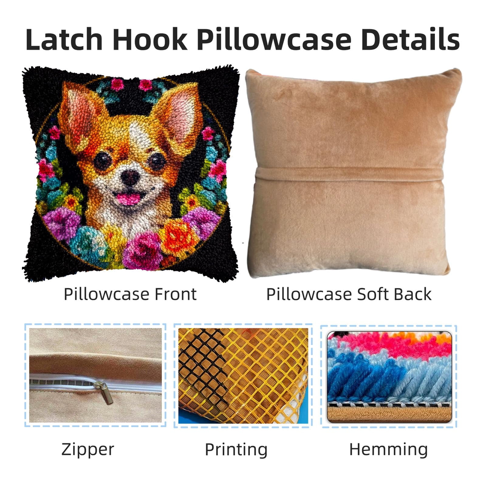 Cute Cartoon Chihuahua Dog in Flower Circle DIY Latch Hook Pillow Kits for Adults Printed Pillowcase Crochet Yarns Hooking Handmade Pillow Cover Cushion for Home Sofa Decoration 17x17inch