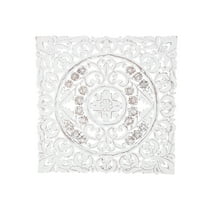 DecMode Traditional Wood Square White Handmade Wall Décor with Carved Mandala Design, 36"W x 36"H