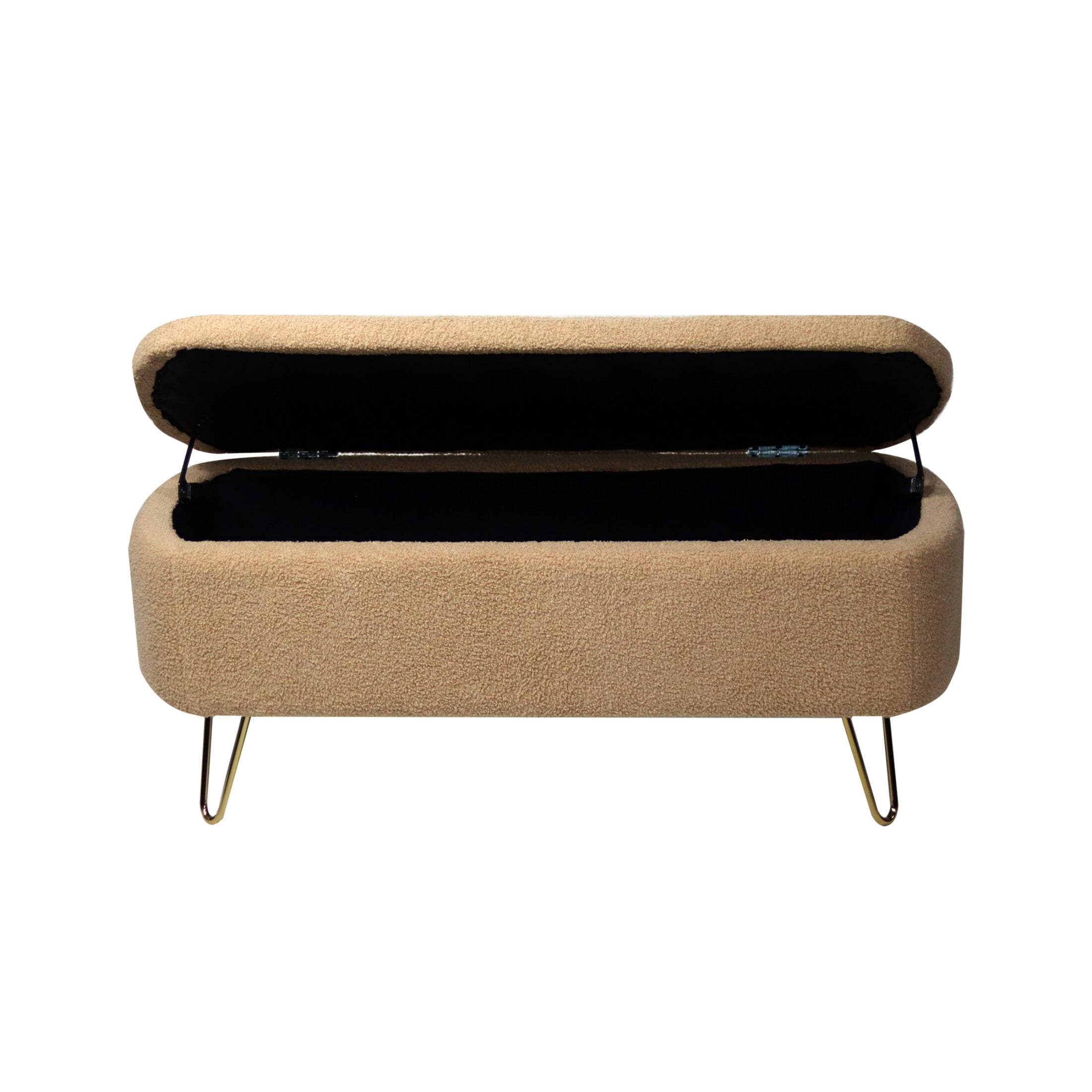 DEALTOPS Stylish Faux Fur Storage Bench, Oval Ottoman with Storage Space and Metal Legs, Camel