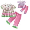 thumbnail image 1 of Argulvti Little Girls Smocked 2Pcs Set, Strawberry/Ice Cream Embroidery Plaid Ruffle Top + Ruffle Pants, 1 of 10