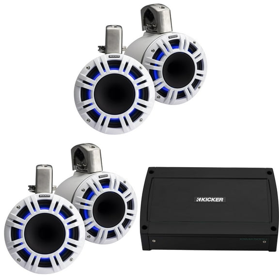 Kicker Marine 4 Ch Amp & ( 2 pair ) 8" LED KMXL White Tower Speaker Audio Upgrade ( 48KXMA500.4, 51KMTCXL8W)