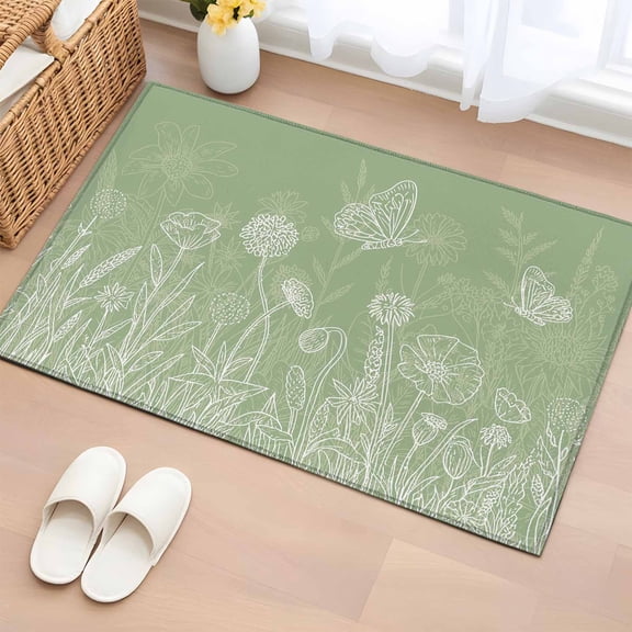Sage Green Wildflowers Entryway Rug 2'x3' Non Slip Front Door Mats, Modern Floral Butterfly Plant Entrance Rugs Indoor Outdoor Carpet, Washable Floor Mats Small Area Rug for Bedroom Kitchen