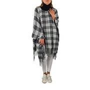 Peach Couture Turtle neck Checkered Winter Plaid Oversized Poncho Sweater Pullovers with Fringes