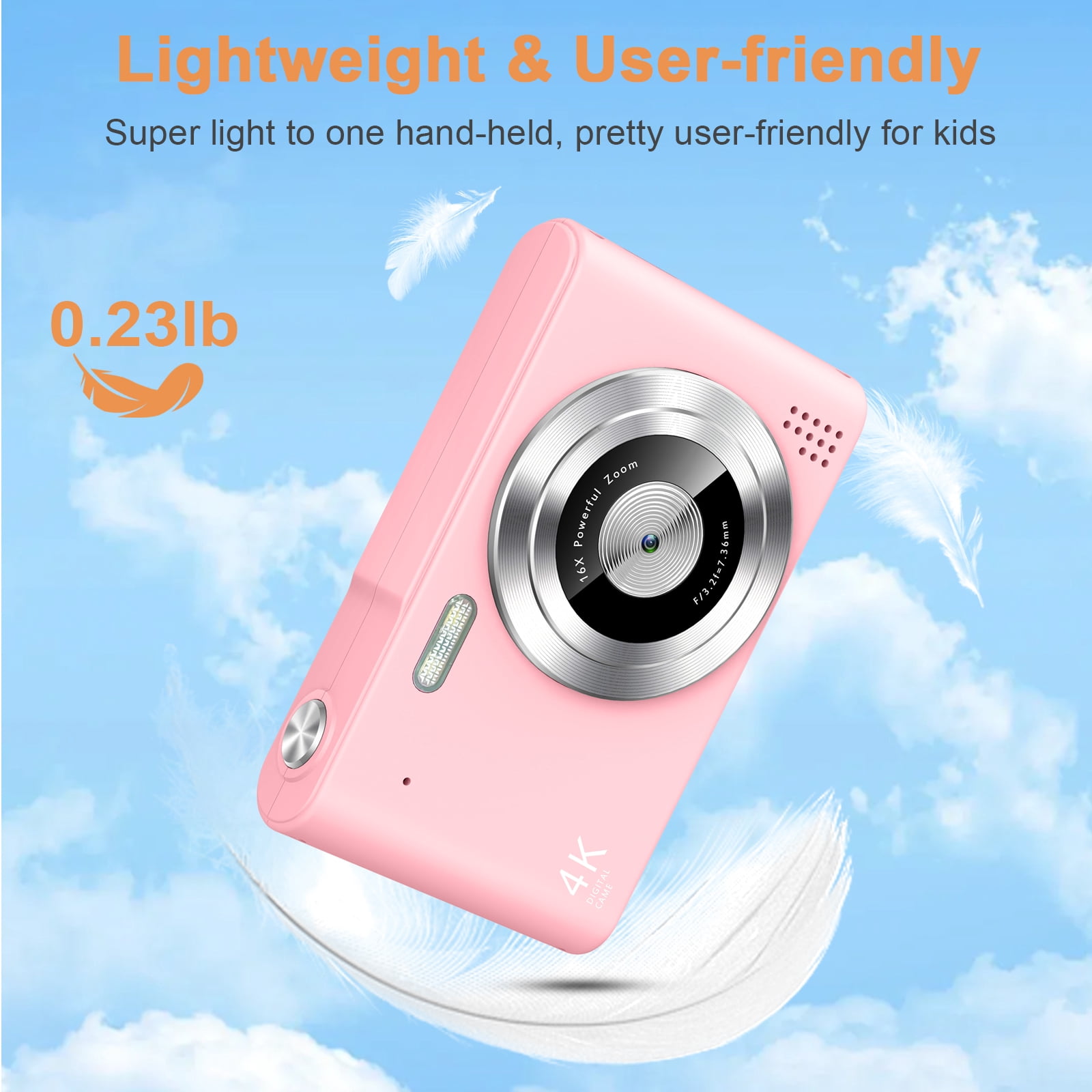 Digital Camera, Camera for Kids, UHD 4K 48MP Point and Shoot Digital Cameras with 64GB SD Card and 16X Digital Zoom Anti Shake, Compact Portable Small Gift for Boys Girls Students, Pink