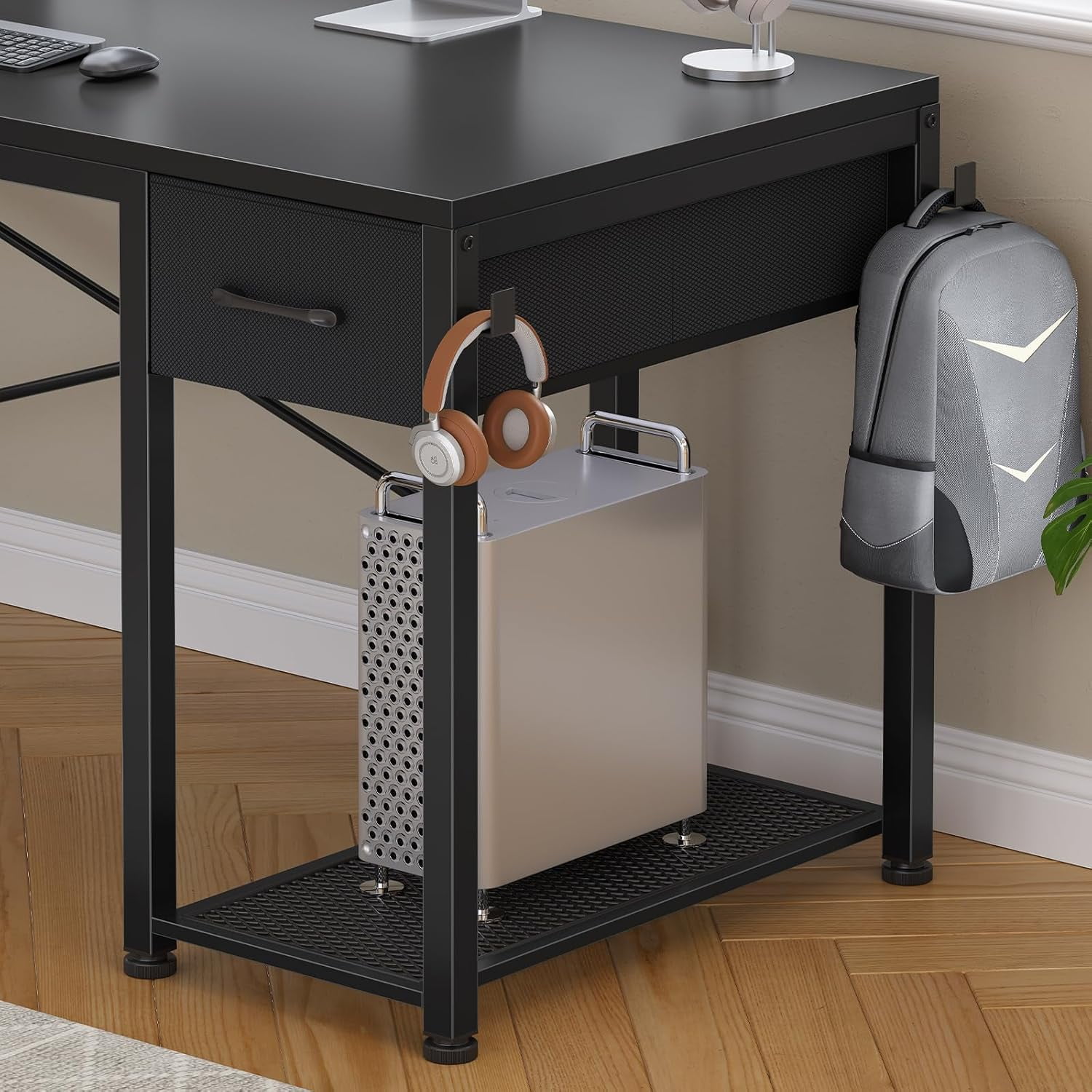 51" L Shaped Desk wtih Power Outlets and Storage, Reversible Gaming Desk with Drawer and Open Shelves, Small Computer Desk Corner Desk with LED Lights for Home Office, Bedroom, Small Space, Black