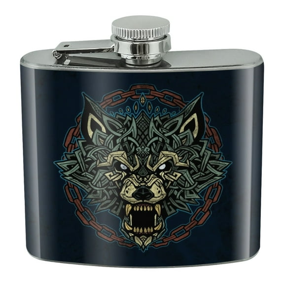 Fenrir Fierce Snarling Wolf In Chains Norse Mythology Stainless Steel 5oz Hip Drink Kidney Flask