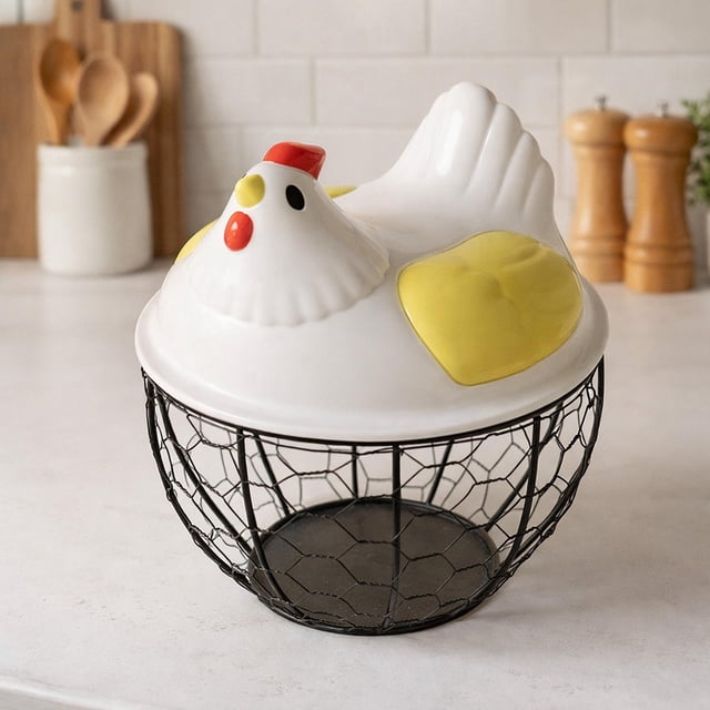 Cesta para almacenar huevos, cestas para recoger huevos con tapa, caja organizadora redonda para huevos de , contenedor para cocina y Tapa amarilla