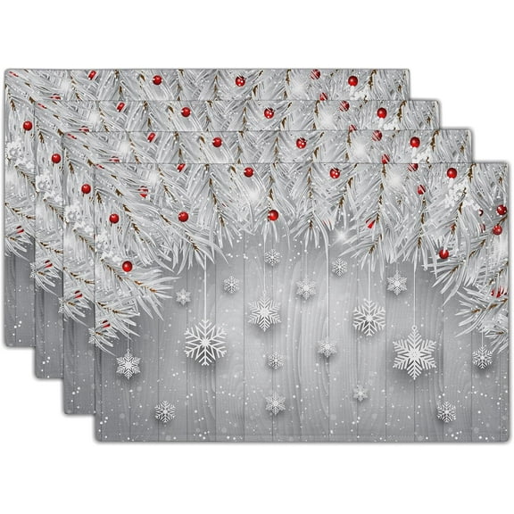 Winter Snowflakes Placemats Set of 4 Christmas Silver Snows Xmas Tree Red Berries Linen Table Place Mats Seasonal Non-Slip Heat Resistance 12"x18" for Dining Kitchen Holiday New Year Decor