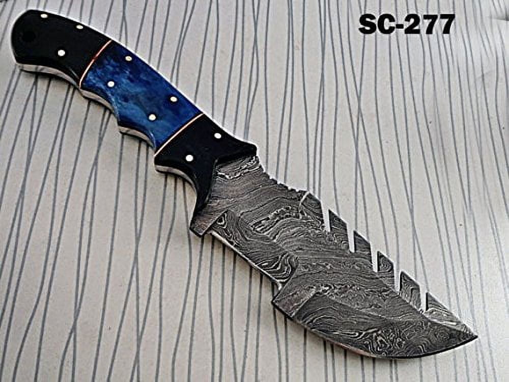 8.8 Long hand forged Twist pattern full tang Damascus steel Butcher Knife,  Ram horn scale with bolster, thick Cow hide leather sheath 