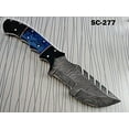 thumbnail image 2 of Damascus steel 10" Long full tang tracker Knife hand forged twist pattern, Colored bone & bull horn scale, thick Cow hide leather sheath, 2 of 7