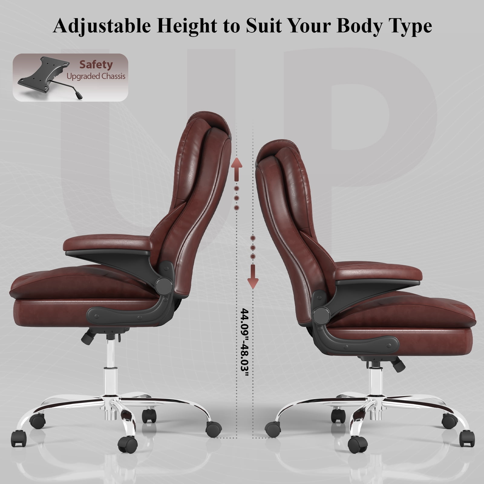 E-motie Home Office Chair with Flip-up Arms, Adjustable High Back Chair, Quiet Nylon Wheels, Brown