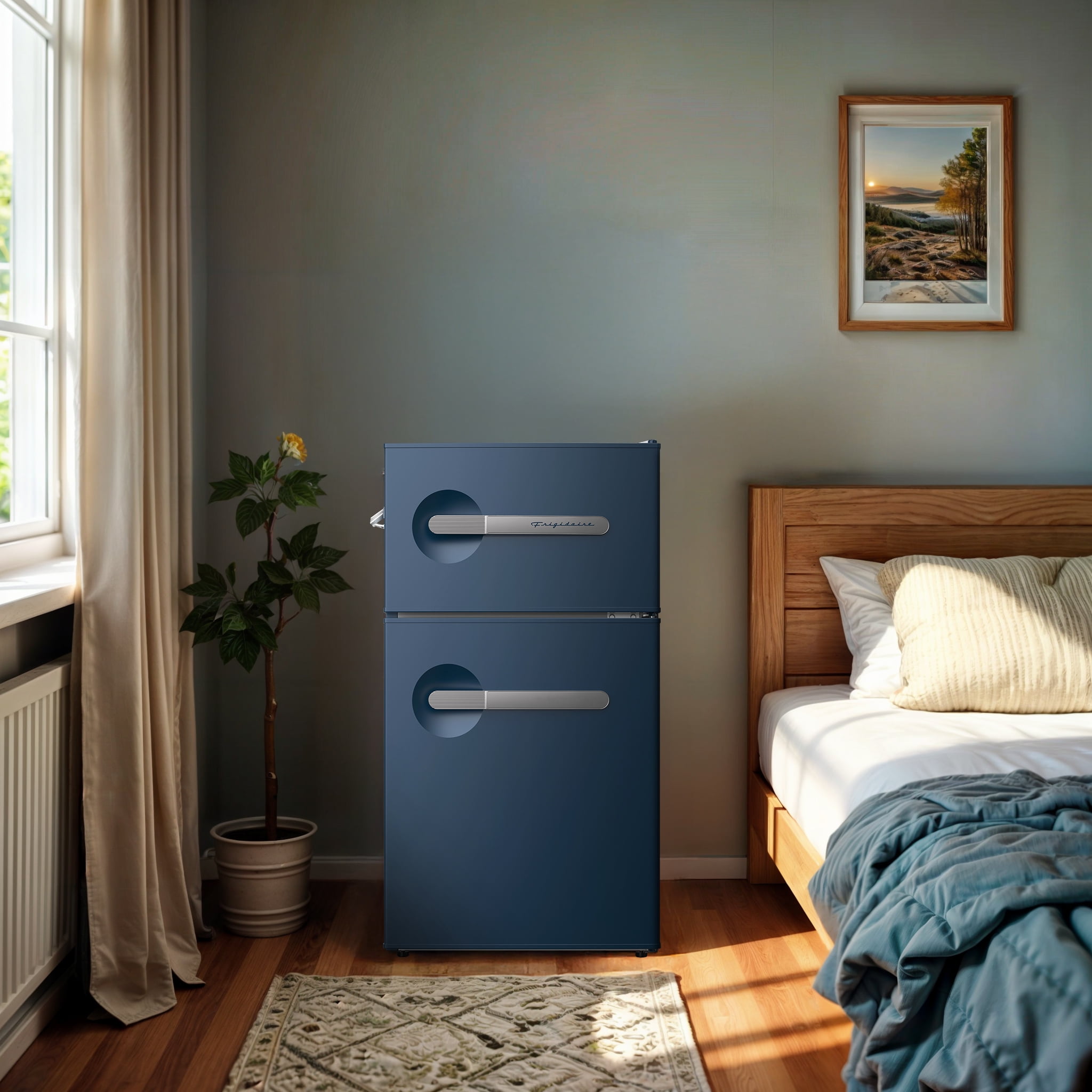 Frigidaire 3.1 Cu. ft. Compact Refrigerator with Freezer Compartment, 2-Door Retro Fridge with Built-in Side Bottle Opener, Azure