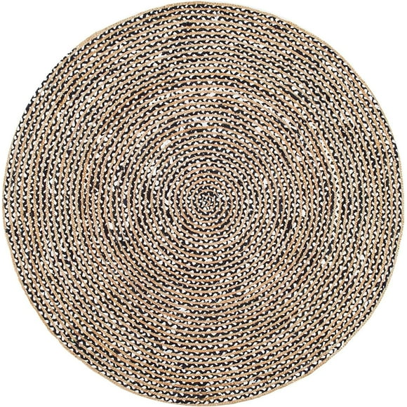 Indian Handwoven Braided Natural Jute with Black White Cotton Jute Line Round Rug, Bedroom, Entryways, Dining Room, Hallways, Kids' Rooms, Size - (6' Round)