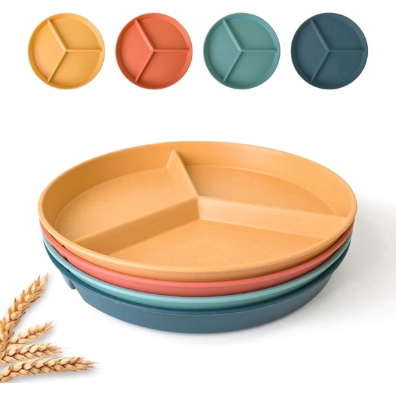 FULANDL 4PCS 9.6 inch Round Wheat Straw Portion Control Plates, Divided Plates for Adults,Lightweight Reusable,Dishwasher Microwave Safe