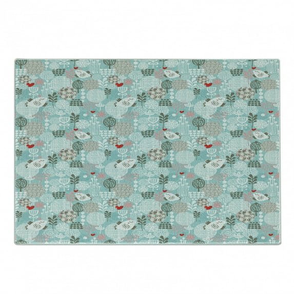 Floral Cutting Board, Pattern with Birds Hearts Trees and Flowers Summertime Garden Joyful Fun Cartoon, Decorative Tempered Glass Cutting and Serving Board, Small Size, Teal White Red, by Ambesonne