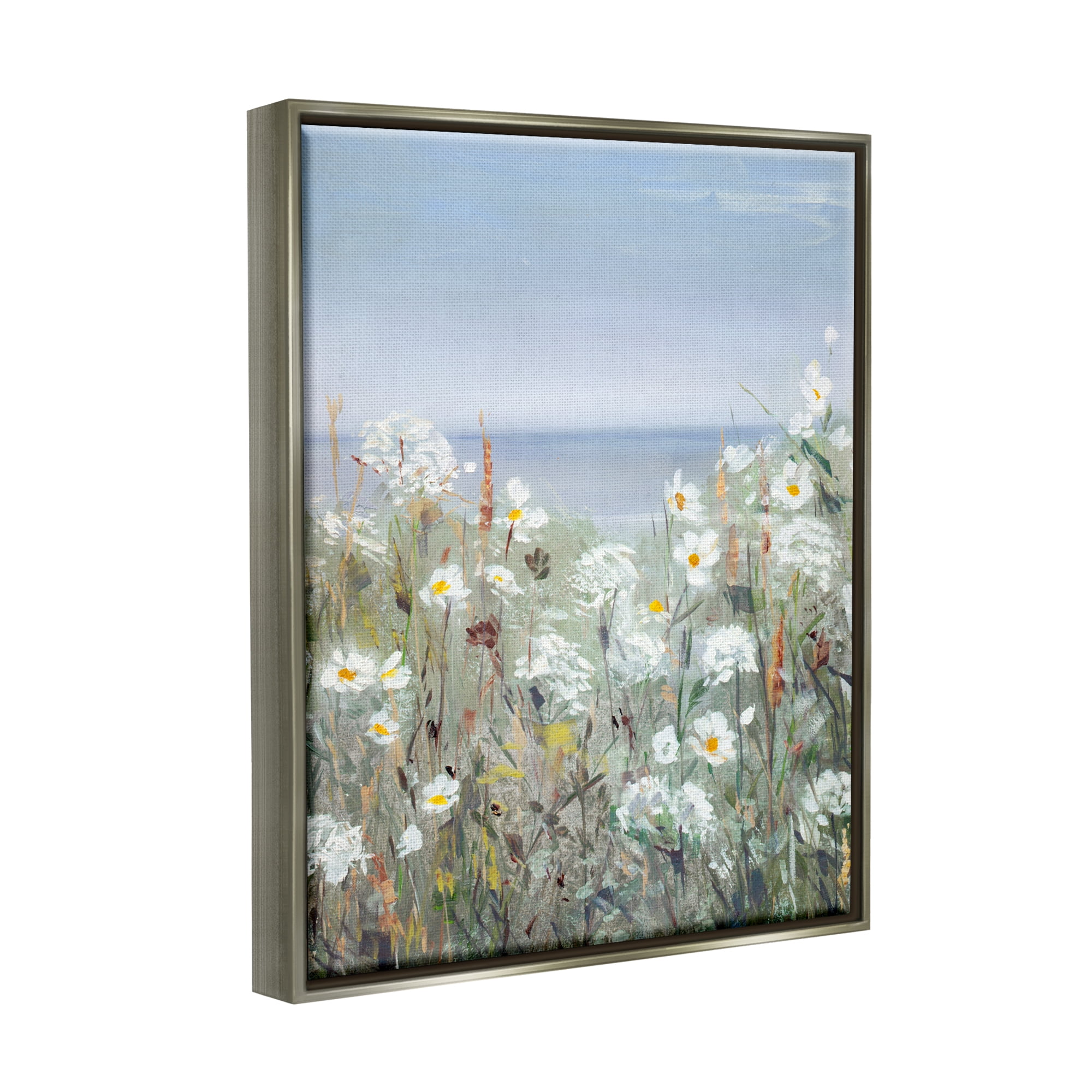 Stupell Industries Spring Daisy Flower Blooms Beachside Ocean View Painting Luster Gray Floating Framed Canvas Print Wall Art, Design by Sally Swatland