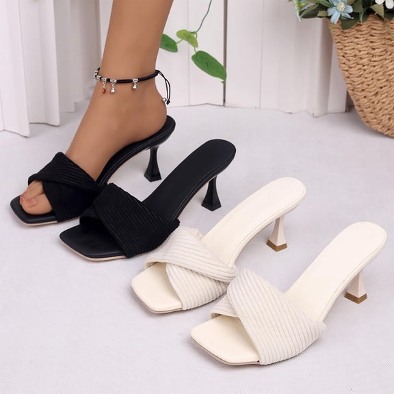 Women's Square Toe Stiletto Heeled Mules, Ribbed Fabric Peep Toe Dress Shoes, Plus Size Comfortable Stiletto High Heel Shoes for Spring Summer Wear