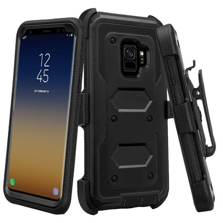 - Holster Belt Clip Combo Compatible for Samsung Galaxy S9 Plus Case, with Full Screen Temper Glass Screen Protector Phone Case Cover - Black