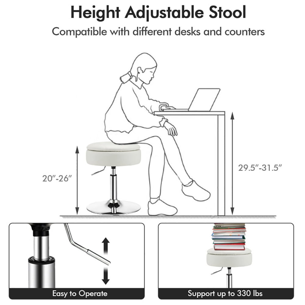 Finihen Vanity Stool with Storage, Makeup Room Seat Chair, Adjustable 360Â° Swivel Storage Vanity Stool with Removable Tray, for Makeup Room, Living Room, Bedroom, White