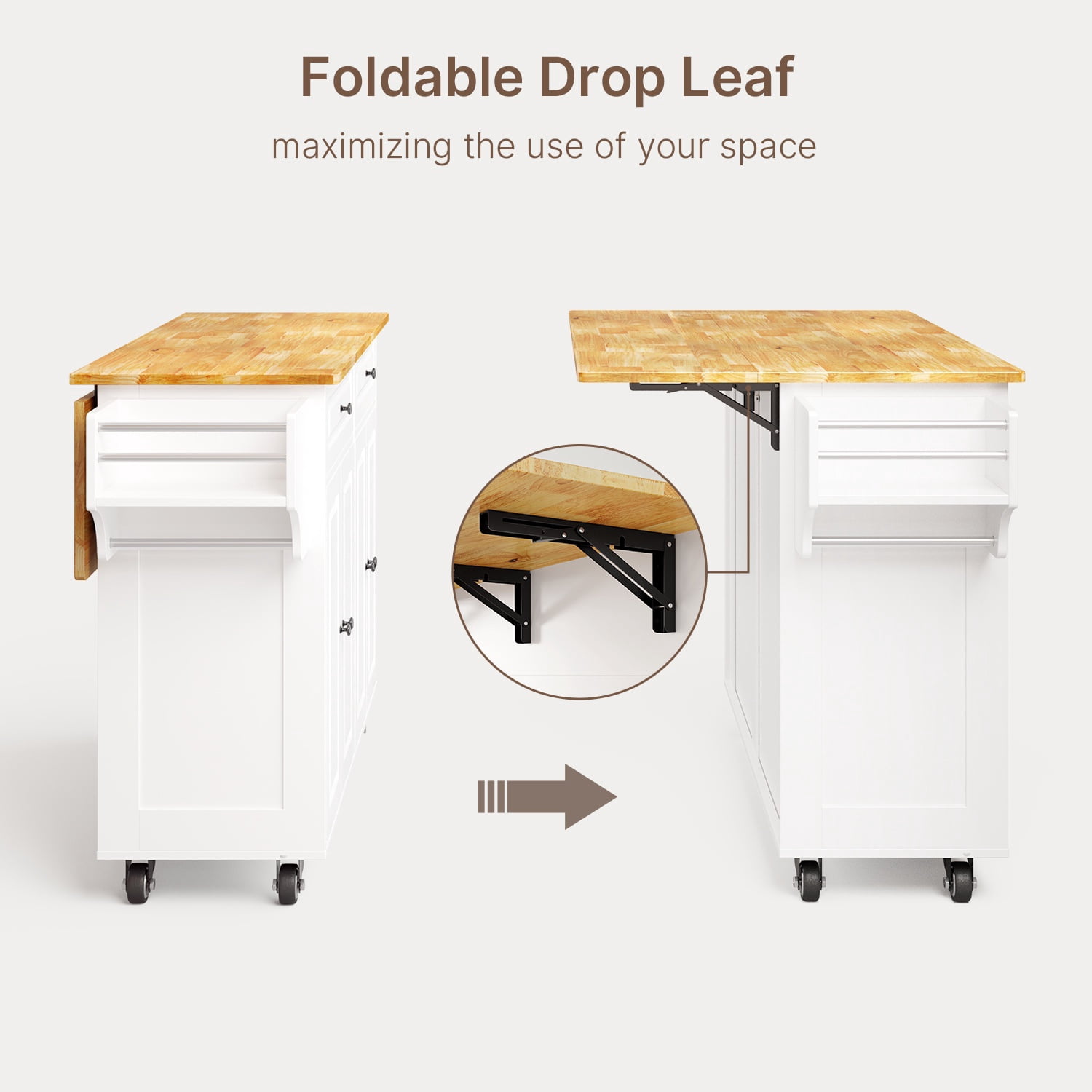 Noelse Rolling Kitchen Island Table with Storage, Drop Leaf Countertop, Kitchen Island with Rubber Wood Top, Cabinets & Rack, White
