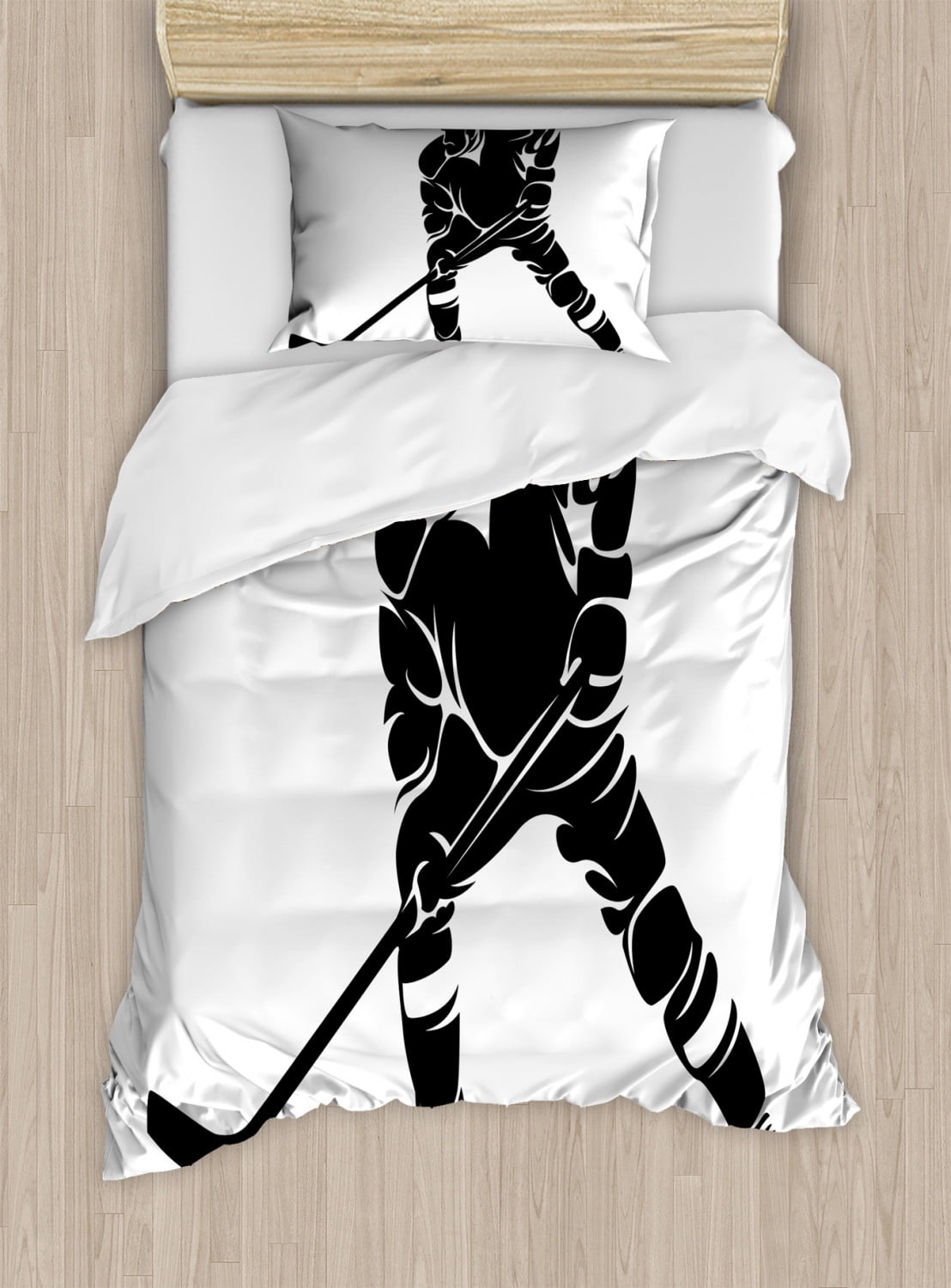 Hockey Duvet Cover Set Twin Size, Abstract Black Silhouette of a