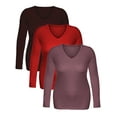 thumbnail image 2 of Essential Basic Women's Junior Size Vneck Tshirt Long Sleeve Shirt, 3Pk Burgundy Red Old Rose, Small, 2 of 4