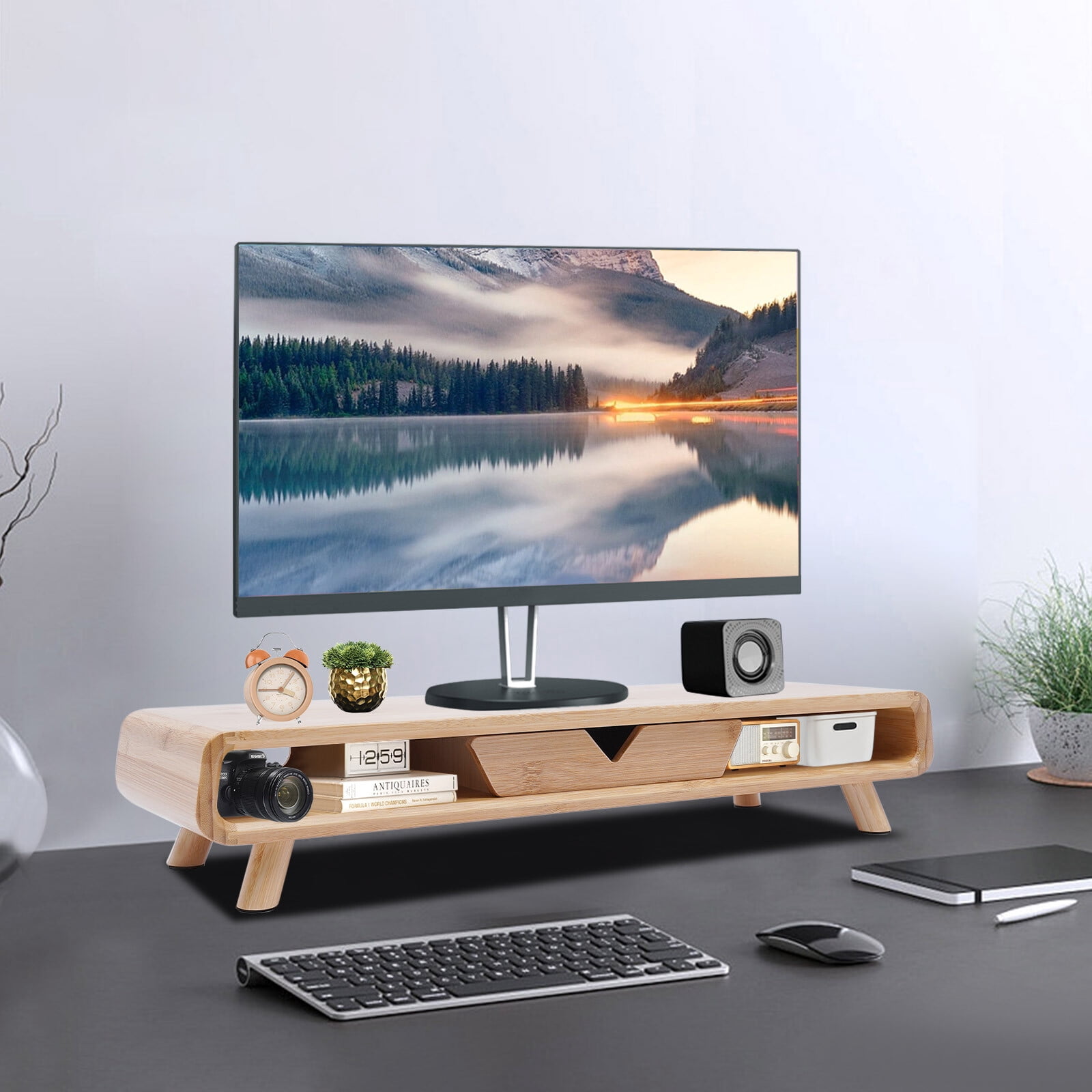 24" Bamboo Monitor Stand & Back Baffle Drawer Desktop Stand Riser 4.5" Height Wood Color for Office