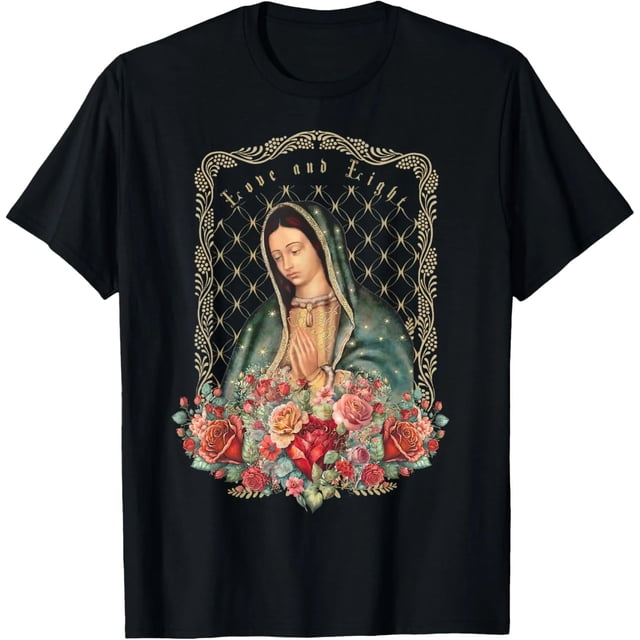 Camiseta de Nuestra Señora de Guadalupe - Virgen María - Talla para Mujer - Negra y Blanca - Regalo - Tallas: S, M, L, XL, 2XL, 3XL, 4XL, 5XL