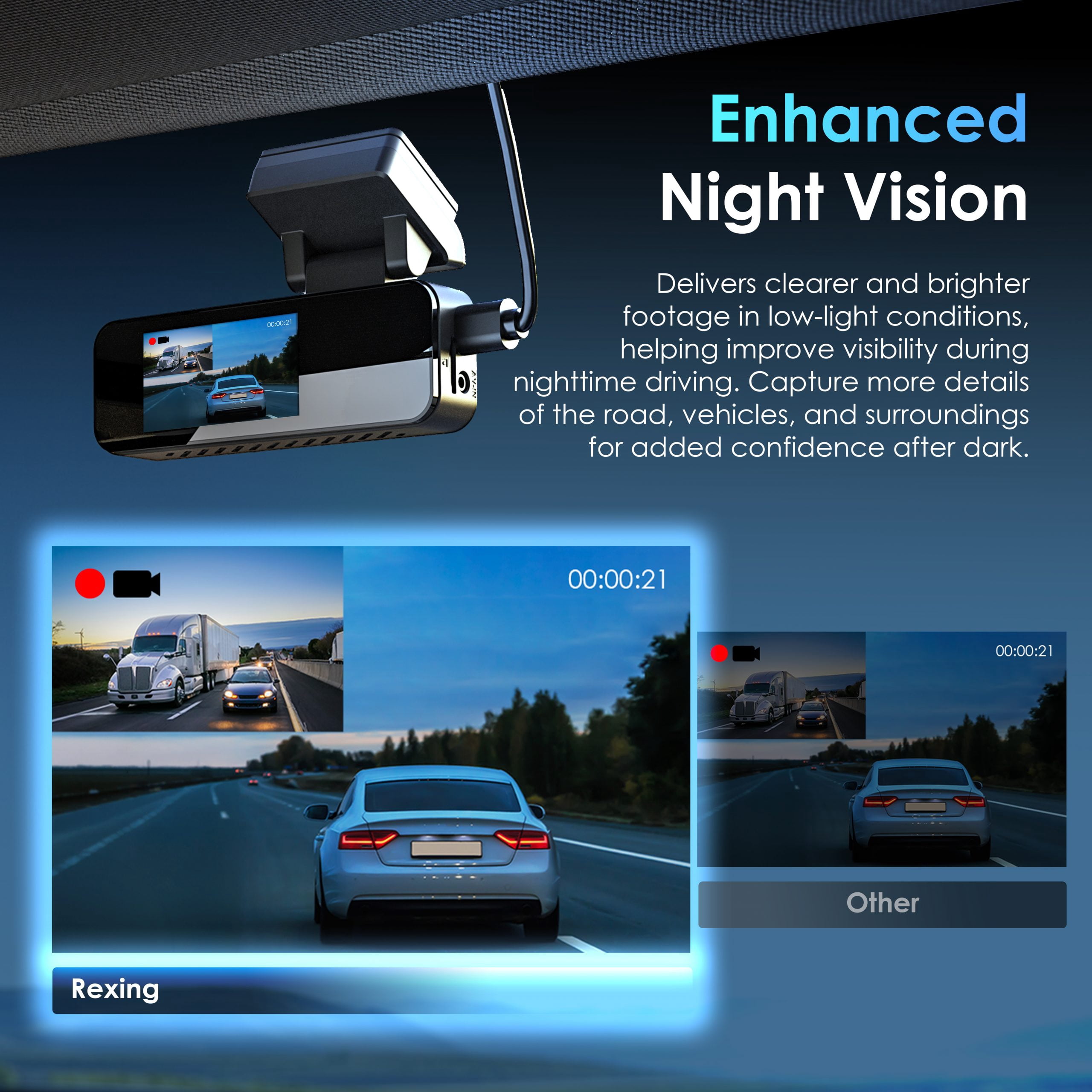 Rexing 2K Front and 1080P Rear Dash Cam with App Control, WiFi, Dual Camera System, Loop Recording, Parking Monitor