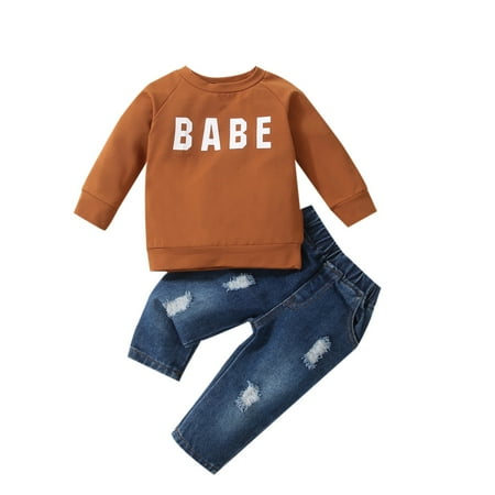 

OAUP Toddler Boys Outfit Sets Kids Baby Long Sleeve Letter Sweatshirt Tops Jeans Pants Outfit Set 2PCS Clothes Fall Leisure Fashion Outfit 0M-3Y
