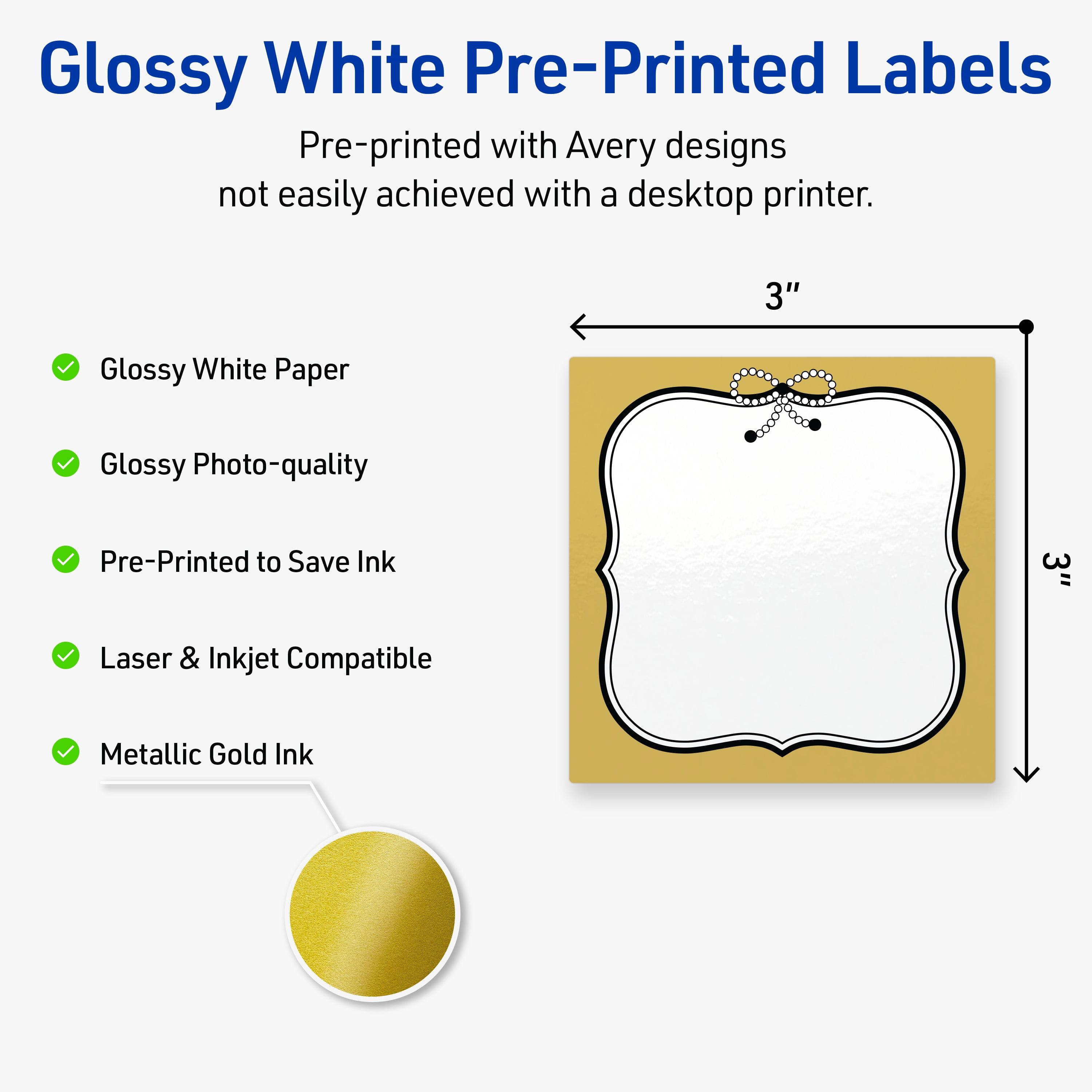 Avery Square Labels, 3" x 3", Gold with Black Bow Design, Glossy