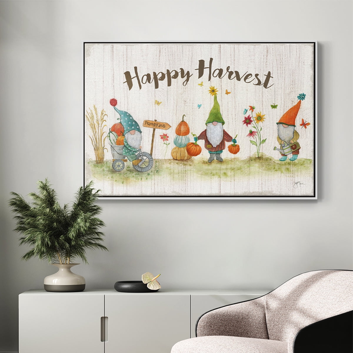 Gnome Harvest - Framed Gallery Wrapped Holiday Canvas - 27 x 41 - White Frame