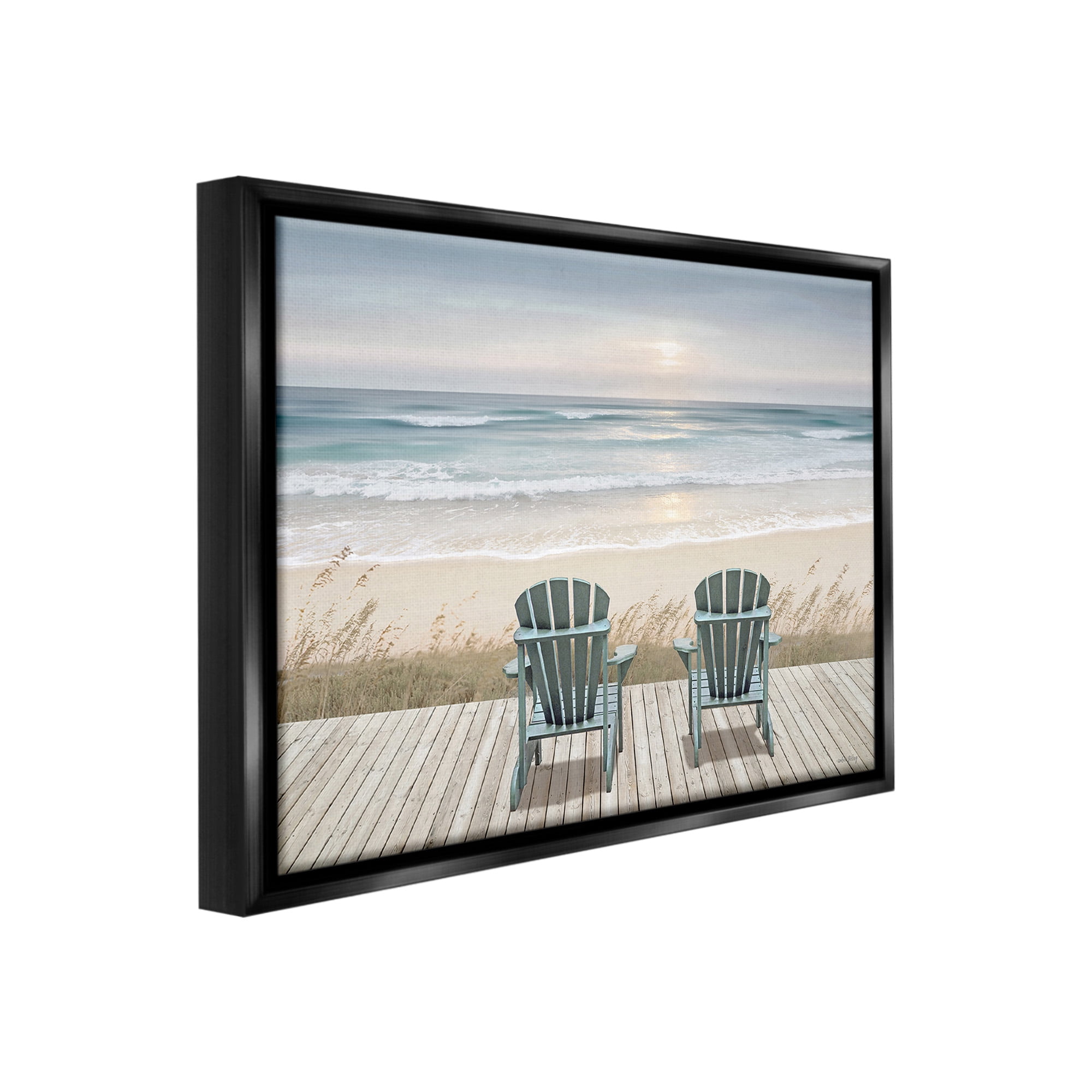 Stupell Industries Chairs with Beach Sunrise Landscape Painting Black Floater Framed Canvas Art Print Wall Art, 31 x 25