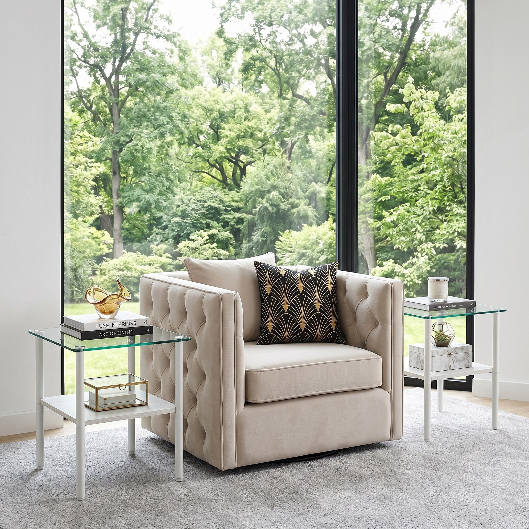 2-piece Modern Rectangular Glass Side Table, Tempered Glass Tabletop, MDF Storage Shelf & Metal Legs, Minimalist Sofa Side Table for Living Room & Bedroom