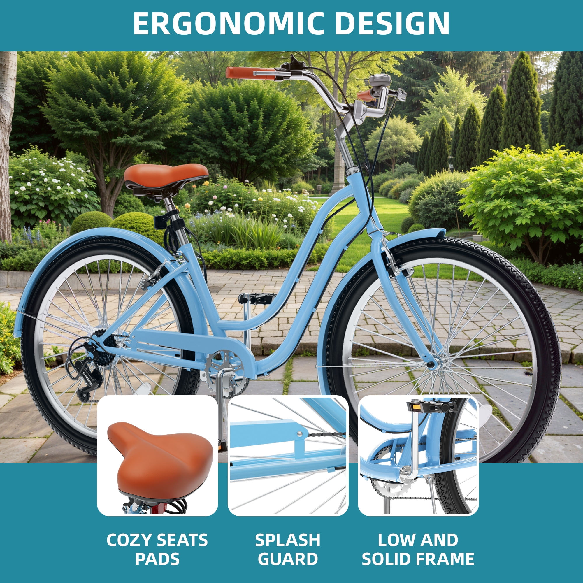 Uforic 26'' Beach Cruiser Bike with 7-Speed, Wide Tires, Adjustable Seat, Fenders, for Adult, Blue